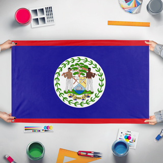 A mockup of the custom flag 'T flag' held up on a table during print checking