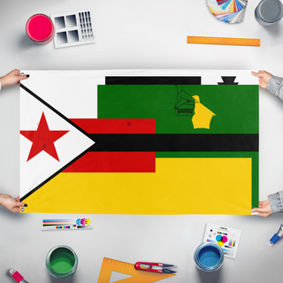 A mockup of the custom flag 'T flag' held up on a table during print checking