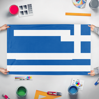 A mockup of the custom flag 'T flag' held up on a table during print checking