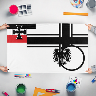 A mockup of the custom flag 'T flag' held up on a table during print checking
