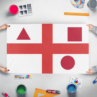 A mockup of the custom flag 'T flag' held up on a table during print checking