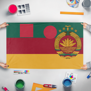A mockup of the custom flag 'T flag' held up on a table during print checking