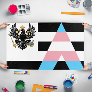 A mockup of the custom flag 'Hohenzollern_Chaser flag' held up on a table during print checking