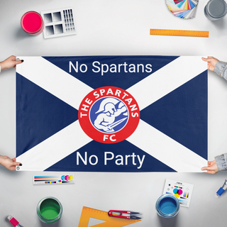 A mockup of the custom flag 'NoSpartansNoParty flag' held up on a table during print checking