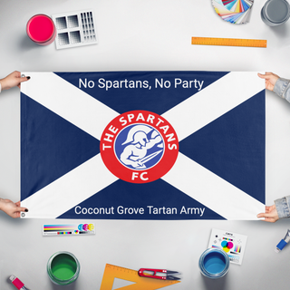 A mockup of the custom flag 'Grove tartan army flag' held up on a table during print checking