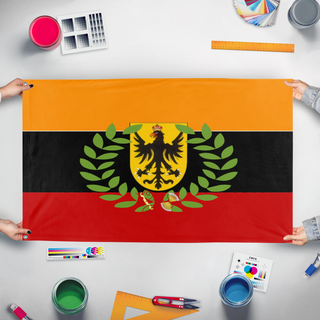A mockup of the custom flag 'Estadooeste flag' held up on a table during print checking