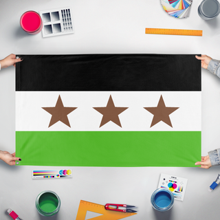 A mockup of the custom flag 'Flag of the Fennec Union' held up on a table during print checking