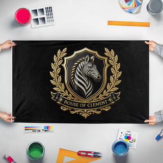 A mockup of the custom flag 'hoc flag' held up on a table during print checking