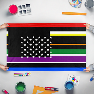 A mockup of the custom flag 'T flag' held up on a table during print checking