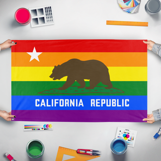 A mockup of the custom flag 'California State Pride flag' held up on a table during print checking