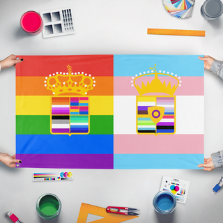 A mockup of the custom flag 'Austria-Hungary Pride flag' held up on a table during print checking
