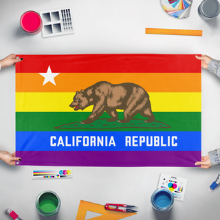 A mockup of the custom flag 'California Pride flag' held up on a table during print checking