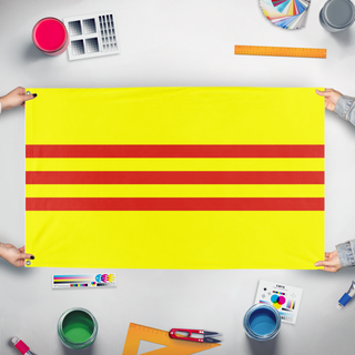 A mockup of the custom flag 'Vietnam flag' held up on a table during print checking
