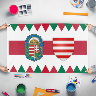 A mockup of the custom flag 'Hungary flag' held up on a table during print checking
