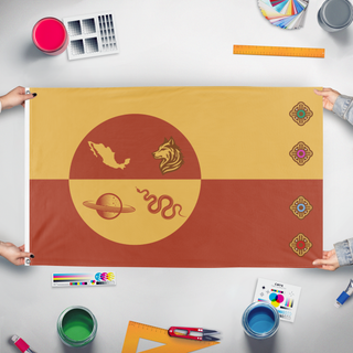 A mockup of the custom flag 'Family Flag' held up on a table during print checking