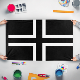 A mockup of the custom flag 'fascist flag' held up on a table during print checking