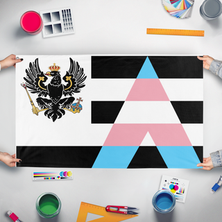 A mockup of the custom flag 'ewr flag' held up on a table during print checking