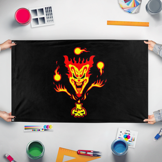 A mockup of the custom flag 'ICP The amazing Jeckel brothers ver 1 flag' held up on a table during print checking