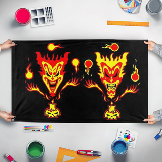 A mockup of the custom flag 'ICP The amazing Jeckel brothers ver 2 flag' held up on a table during print checking