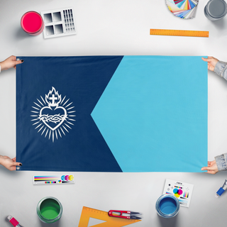 A mockup of the custom flag 'Sacred Heart of Jesus Minnesota flag' held up on a table during print checking
