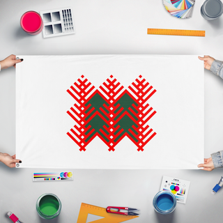 A mockup of the custom flag 'Pine Flag White' held up on a table during print checking