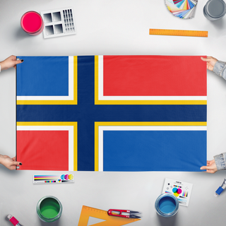 A mockup of the custom flag 'sc flag' held up on a table during print checking