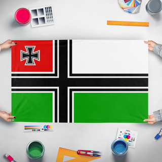 A mockup of the custom flag 'f flag' held up on a table during print checking