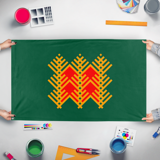 A mockup of the custom flag 'Pine Flag' held up on a table during print checking