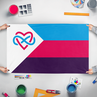 A mockup of the custom flag 'Newer Polyamorous flag' held up on a table during print checking