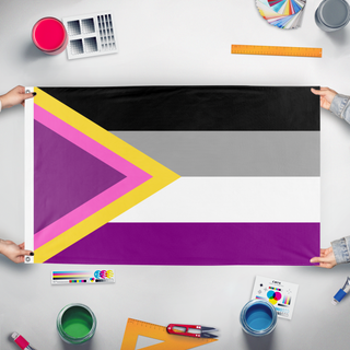 A mockup of the custom flag 'Combined Asexual Flag' held up on a table during print checking