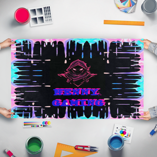 A mockup of the custom flag 'henny flag' held up on a table during print checking