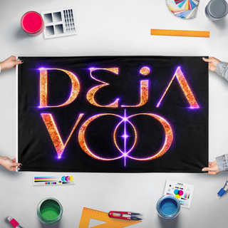 A mockup of the custom flag 'DEJA flag' held up on a table during print checking