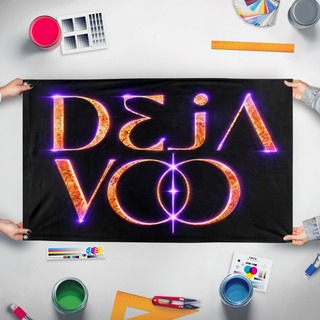 A mockup of the custom flag 'DEJA flag' held up on a table during print checking
