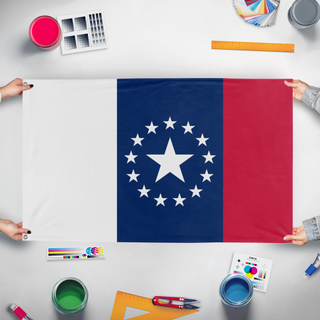 A mockup of the custom flag 'The Chet S Flag' held up on a table during print checking