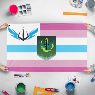 A mockup of the custom flag 'Femboy Changeling Lands flag' held up on a table during print checking
