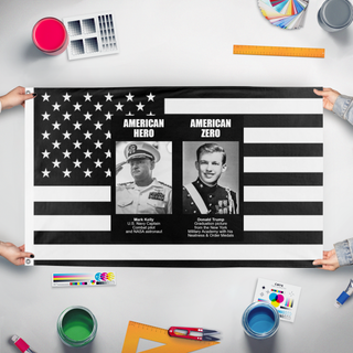 A mockup of the custom flag 'HERO V. ZERO flag' held up on a table during print checking