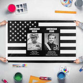 A mockup of the custom flag 'Amurica flag' held up on a table during print checking
