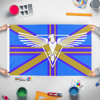 A mockup of the custom flag 'Molossan empire flag' held up on a table during print checking