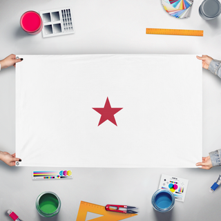A mockup of the custom flag 'test flag' held up on a table during print checking