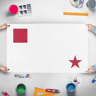 A mockup of the custom flag 'test flag' held up on a table during print checking