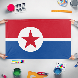 A mockup of the custom flag 'North Korea flag' held up on a table during print checking