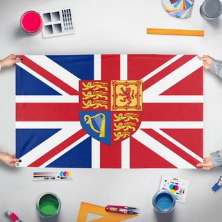 A mockup of the custom flag 'Franco-British Union flag' held up on a table during print checking