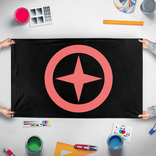 A mockup of the custom flag 'Greneclyf flag' held up on a table during print checking