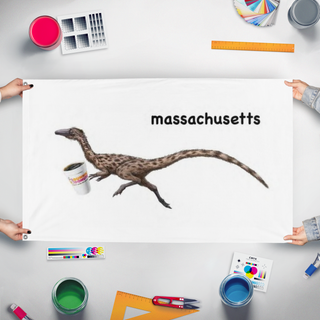 A mockup of the custom flag 'Podokesaurus holyokensis flag' held up on a table during print checking