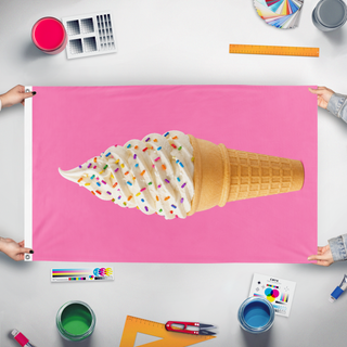 A mockup of the custom flag 'summer flag' held up on a table during print checking