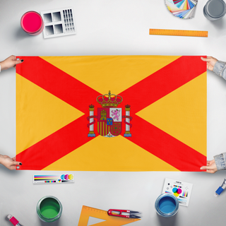 A mockup of the custom flag 'New Spanish flag' held up on a table during print checking