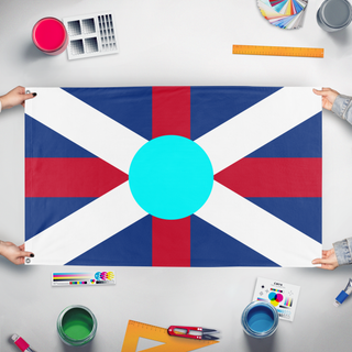 A mockup of the custom flag 'New British flag' held up on a table during print checking