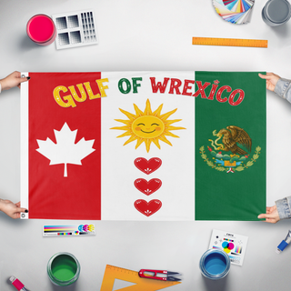 A mockup of the custom flag 'Gulf of Wrexico flag' held up on a table during print checking