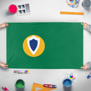 A mockup of the custom flag 'New Portugese flag' held up on a table during print checking