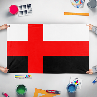 A mockup of the custom flag 'KSRD banner flag' held up on a table during print checking